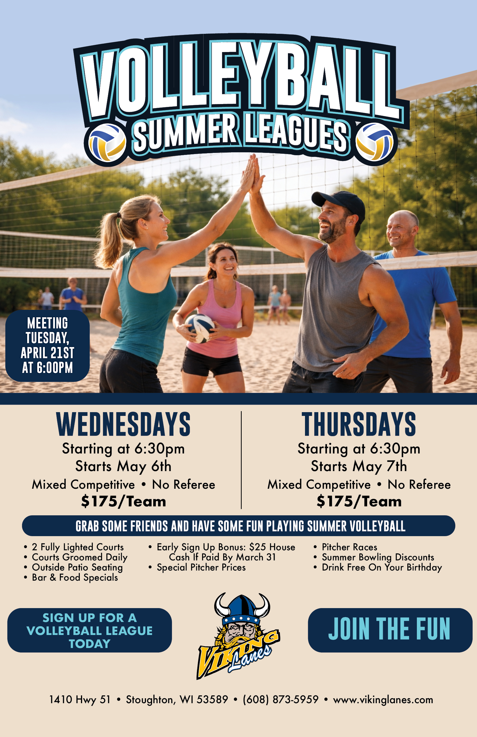 2026 Summer Volleyball Leagues
Leagues available Wednesdays and Thursdays starting May 6th and 7th> Meeting Tuesday April 21st at 6:00pm. Sign Up Today!